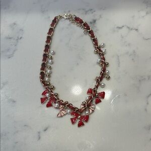Elegant Red and Gold Necklace with Pearl Accents